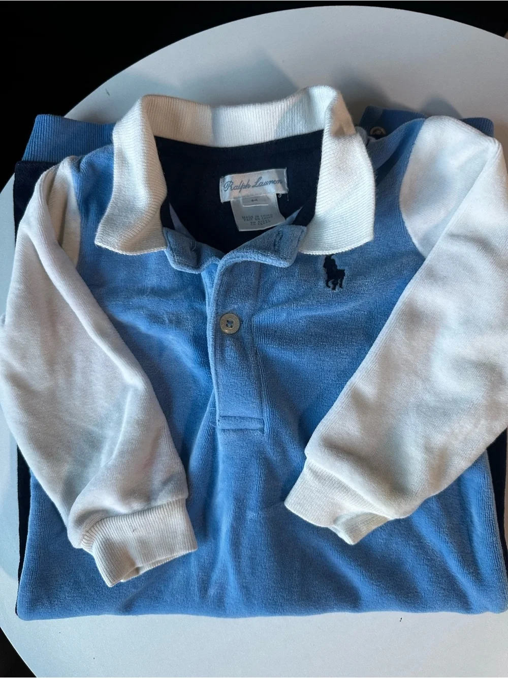 Ralph Lauren Blue Velour Infant One-Piece with White Sleeves